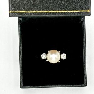 Vintage Cultured Pearl & Diamond 8.5mm Ring,, Size 6 Circa 1950, 3g